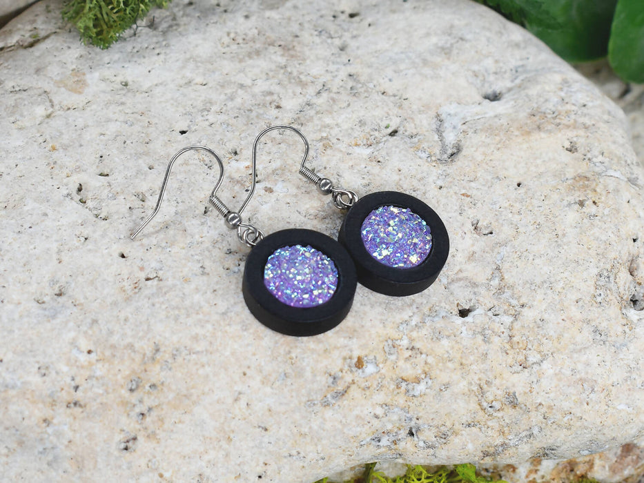 Wood Dangle Earrings With Resin Druzy #39
