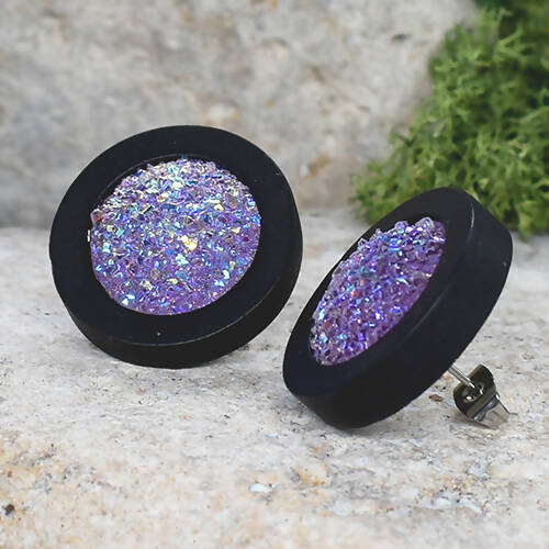 Wood Stud Earrings With Resin Druzy #23