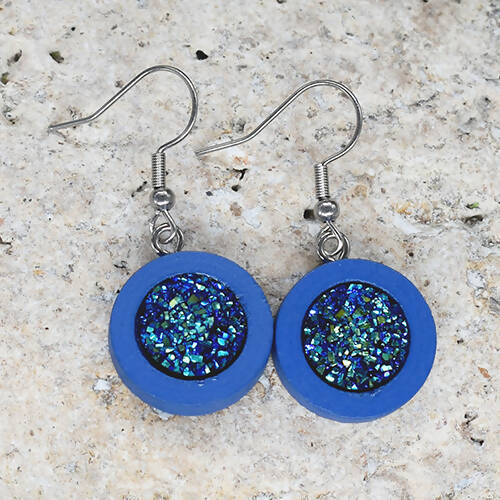Wood Dangle Earrings With Resin Druzy #37