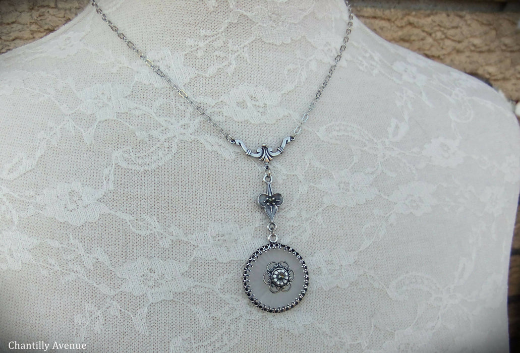 Round Camphor Glass and Marcasite Art Deco Necklace