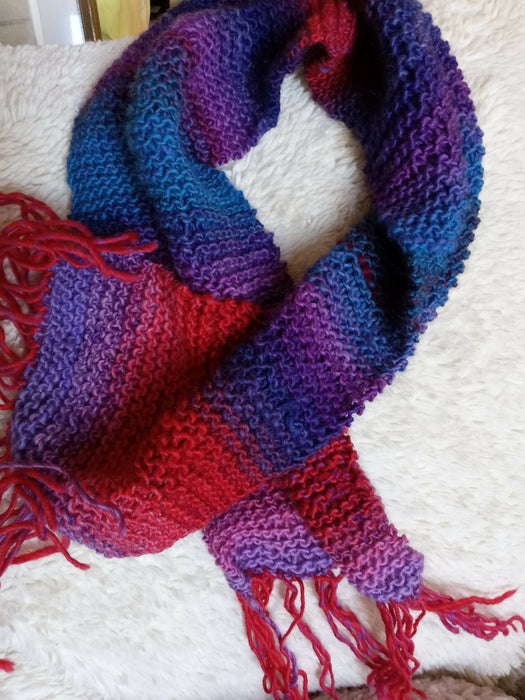 Handknit Wool Scarf in Reds and Blues