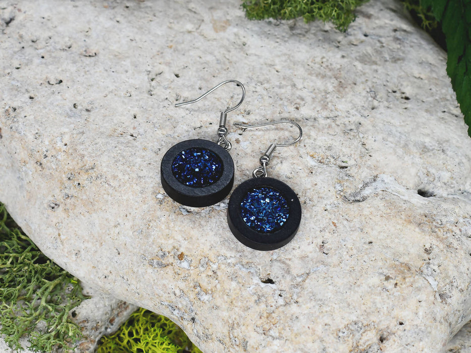 Wood Dangle Earrings With Resin Druzy #41