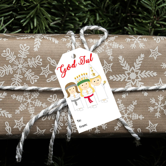 DIY Printable Swedish Christmas Gift Tags, TO FROM Present Labels Featuring a Swedish St. Lucia Girl (Santa Lucia) Instant Download