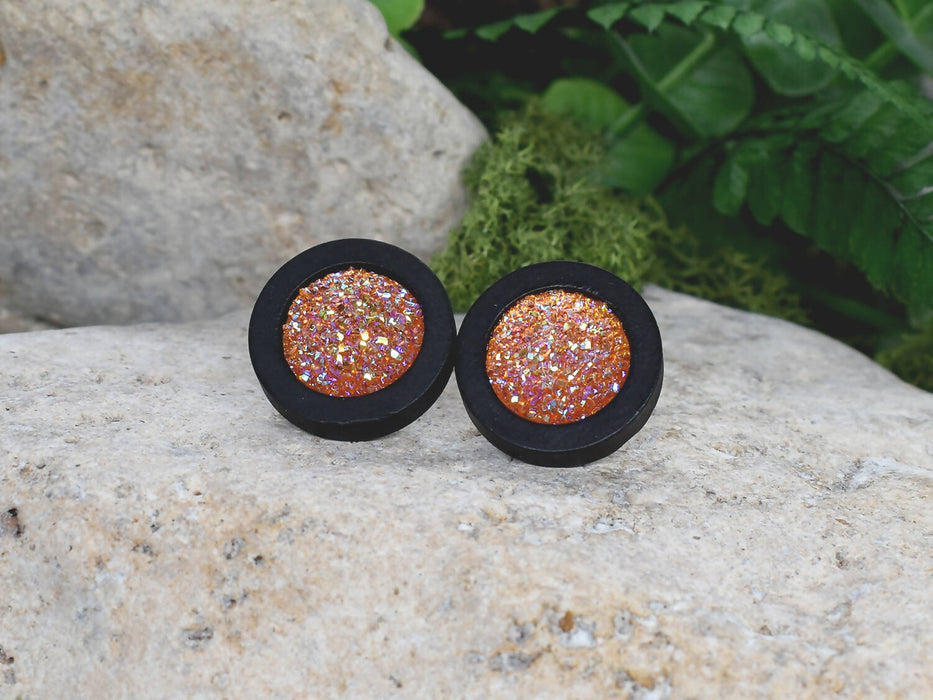 Wood Earrings With Resin Druzy #19