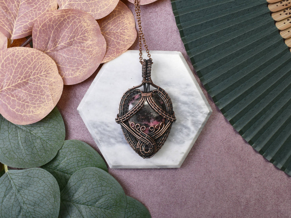 Wire Wrapped Copper Pendant with Rhodonite