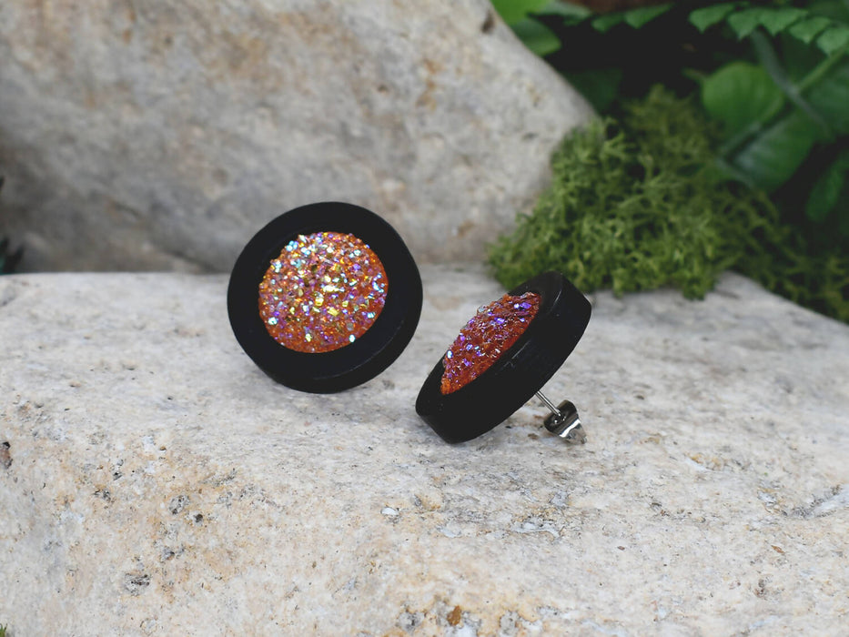 Wood Earrings With Resin Druzy #19