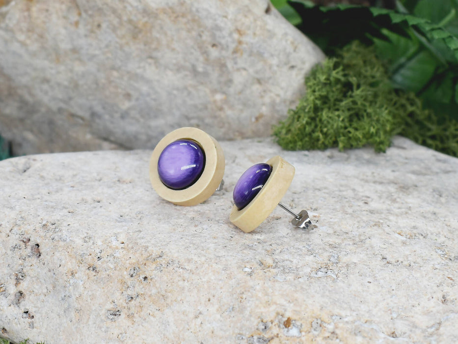 Wood Stud Earrings With Resin Cabochon #48