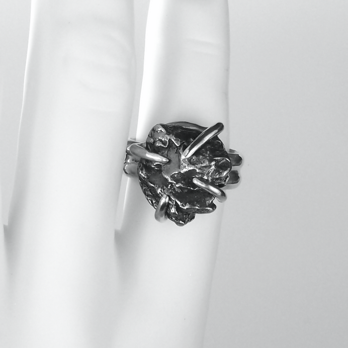 Size 7.75 Sterling Silver Ring with 16mm x 17mm Meteorite Fragment in Prong Setting