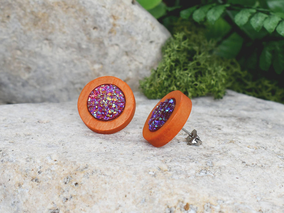 Wood Earrings With Resin Druzy #5