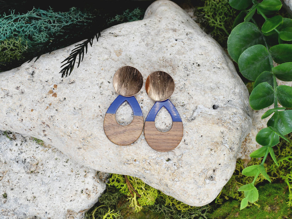 Wood Dangle Earrings with Blue Resin #95