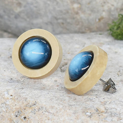 Wood Stud Earrings With Resin Cabochon #46