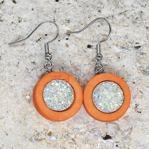 Wood Dangle Earrings With Resin Druzy #27