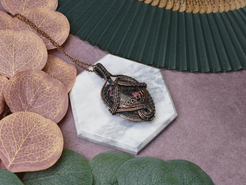 Wire Wrapped Copper Pendant with Rhodonite