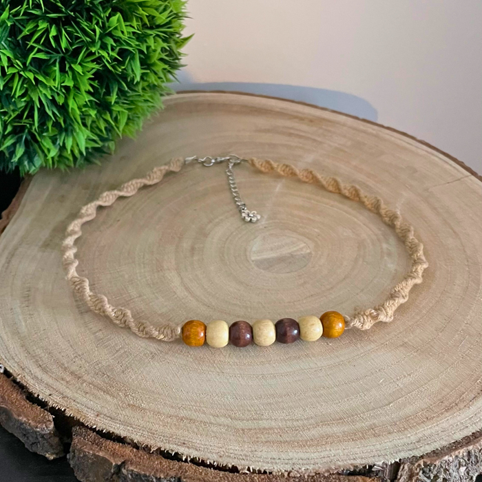 Macrame Half Knot Spiral with Wooden Beads Cord Necklace