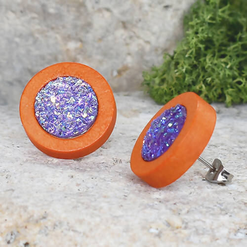 Wood Earrings With Resin Druzy #8