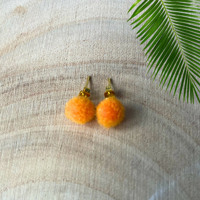 Mini Pom-poms Gold Stud Earrings | Fun Colourful Earrings | Gift for Her