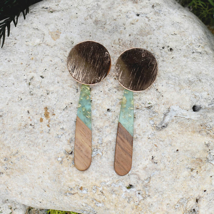 Wood Dangle Earrings with Green Resin #107