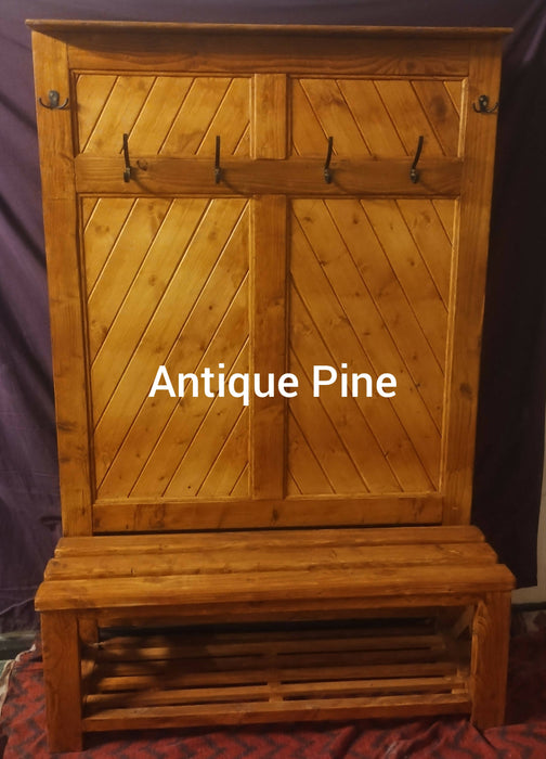 Wood Farmhouse, Hall Tree, Entryway, Bench, monk, mudroom, Shoe storage, coats