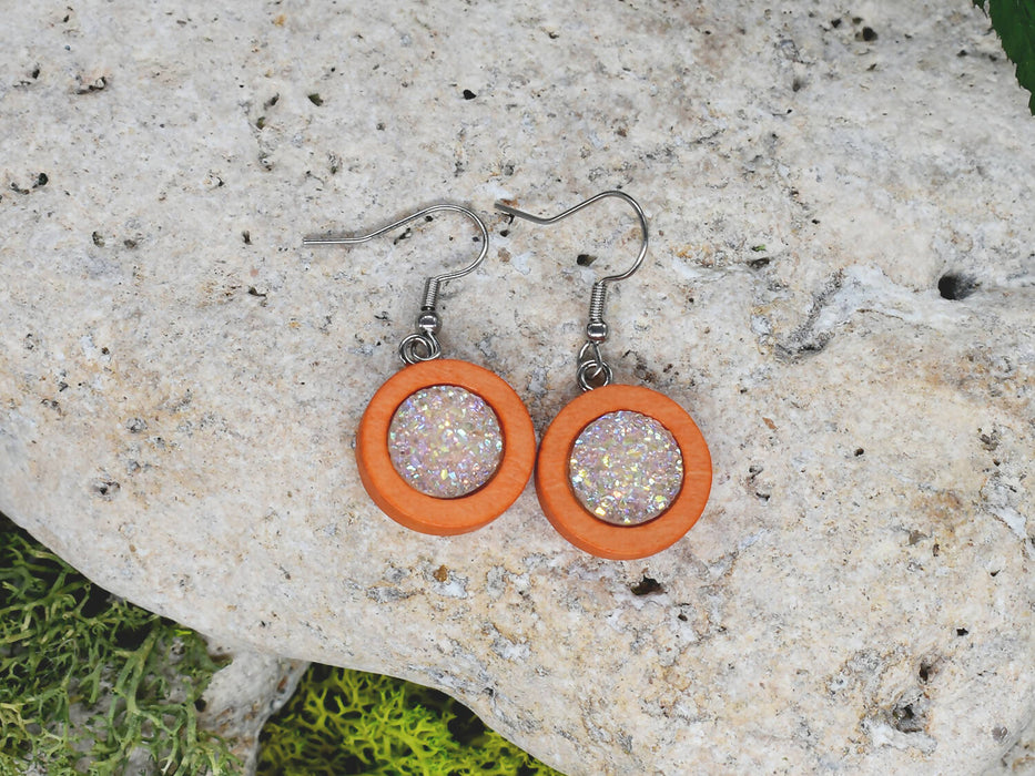 Wood Dangle Earrings With Resin Druzy #28