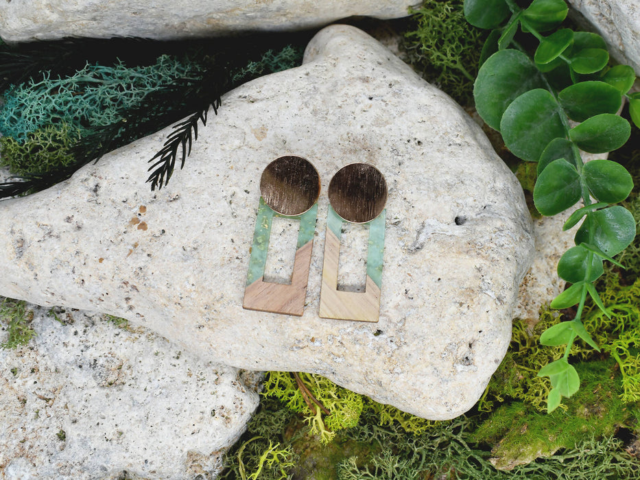 Wood Dangle Earrings with Green Resin #101