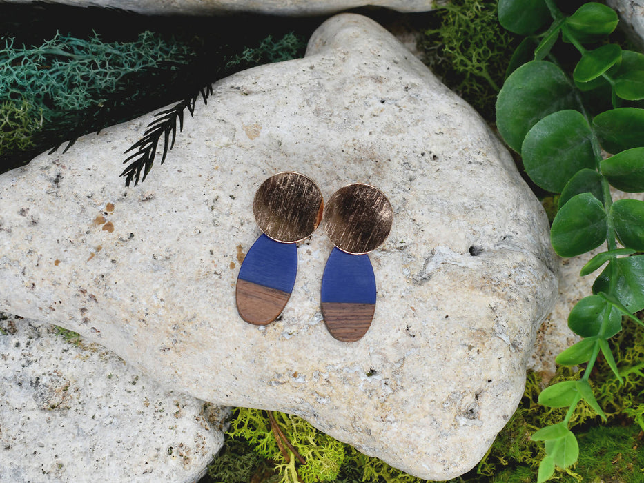 Wood Dangle Earrings with Blue Resin #98