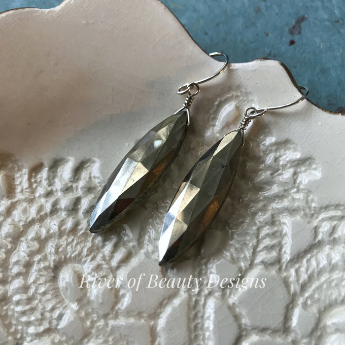 Long Pyrite Drops on Sterling Silver Ear Wires