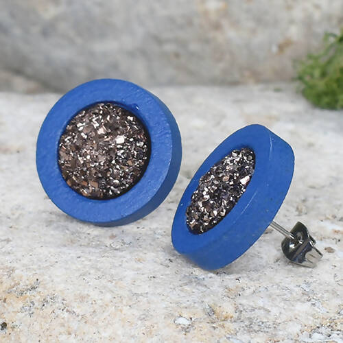 Wood Stud Earrings With Resin Druzy #50