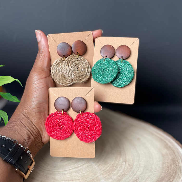 Handwoven Jute and Wood Drop Stud Earrings | Boho Statement Cord Earrings