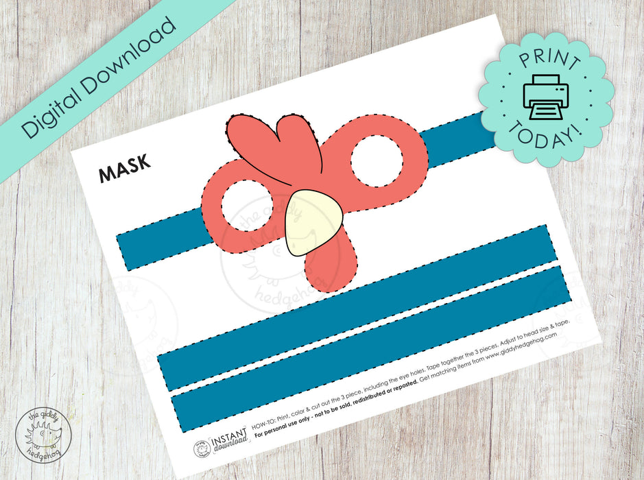 Printable Masks for Kids and Adults Halloween Costume or Chicken Themed Birthday, Artisans Co-op Fundraiser