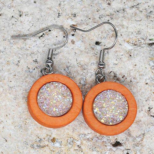 Wood Dangle Earrings With Resin Druzy #28