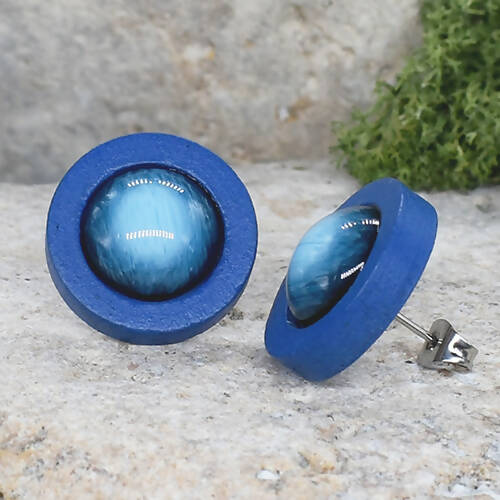Wood Stud Earrings With Resin Cabochon #54