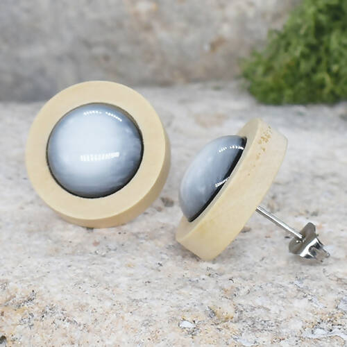 Wood Stud Earrings With Resin Cabochon #47