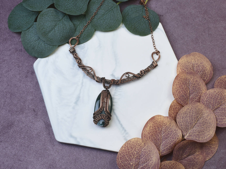 Wire Wrapped Copper Necklace with Moss Agate