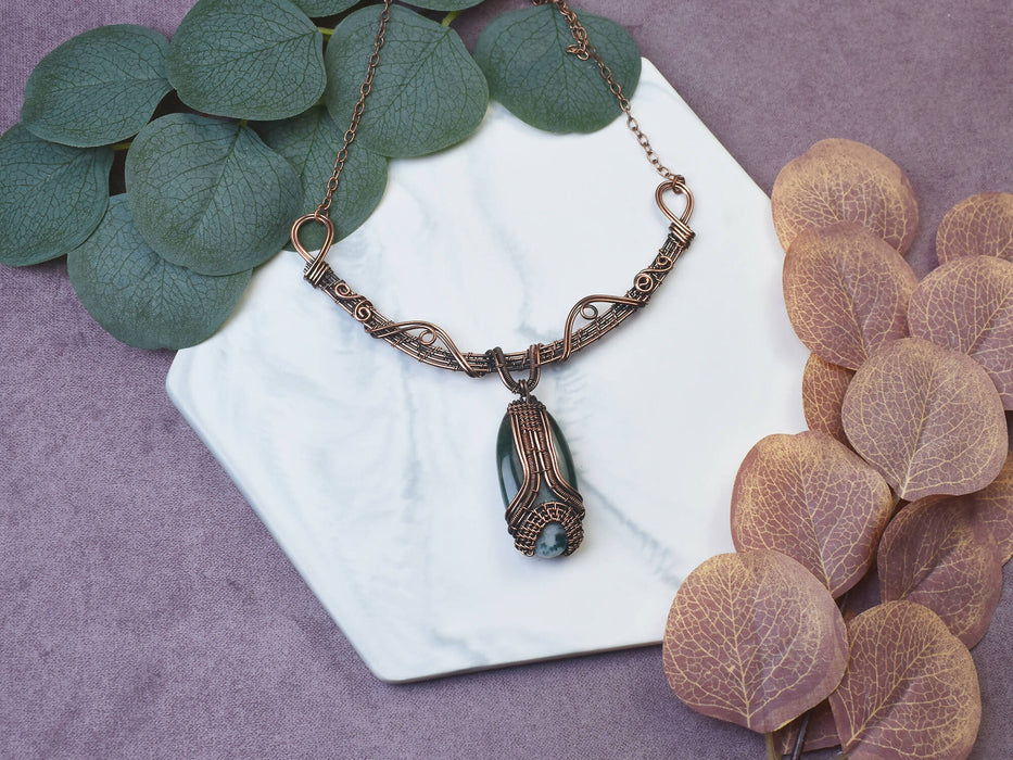 Wire Wrapped Copper Necklace with Moss Agate