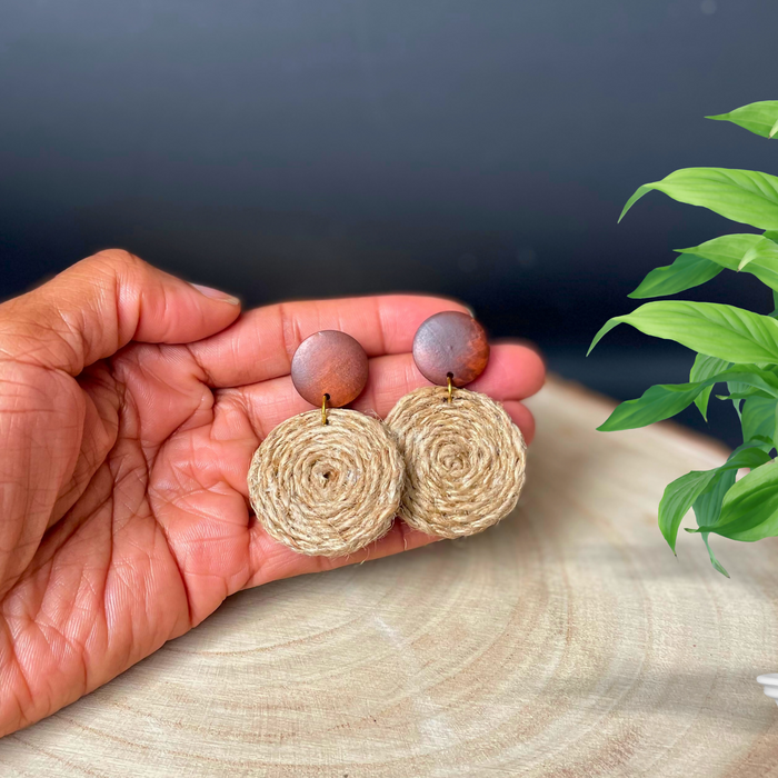 Handwoven Jute and Wood Drop Stud Earrings | Boho Statement Cord Earrings