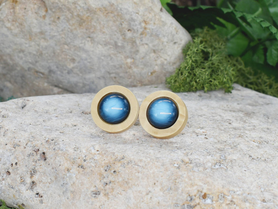 Wood Stud Earrings With Resin Cabochon #46