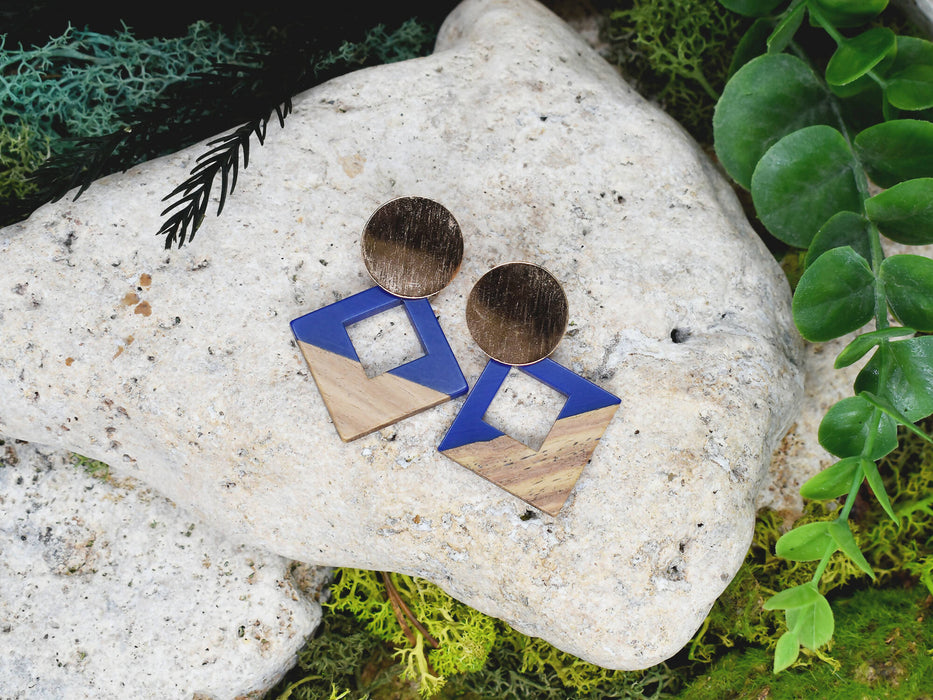 Wood Dangle Earrings with Blue Resin #94