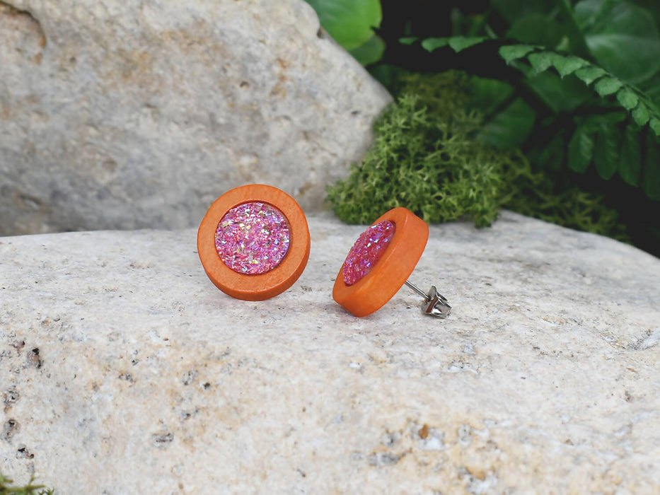 Wood Earrings With Resin Druzy