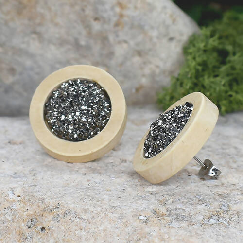 Wood Earrings With Resin Druzy #10