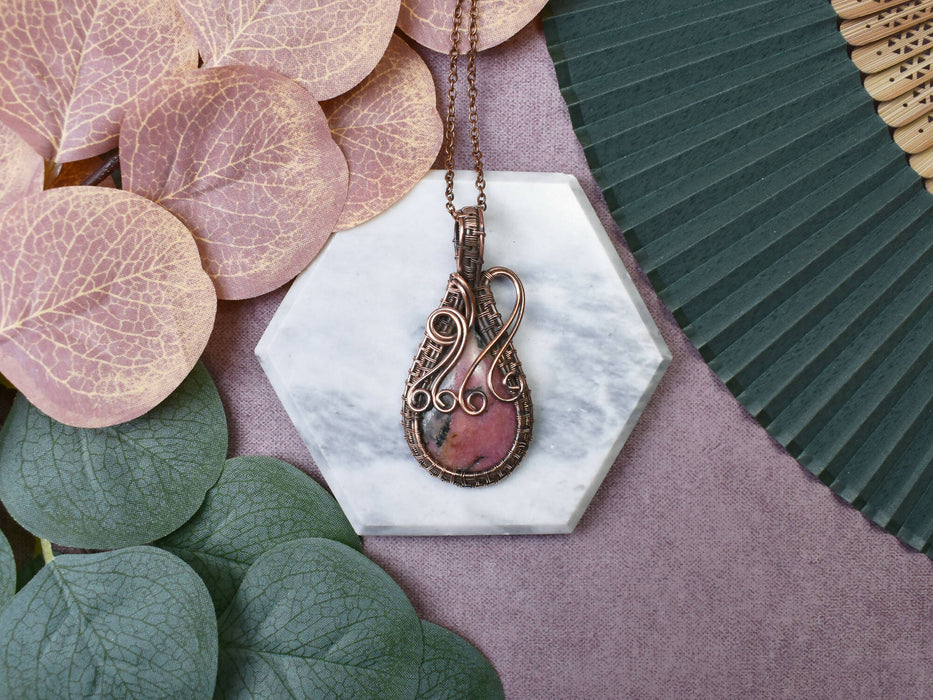 Wire Wrapped Copper Pendant With Rhodonite