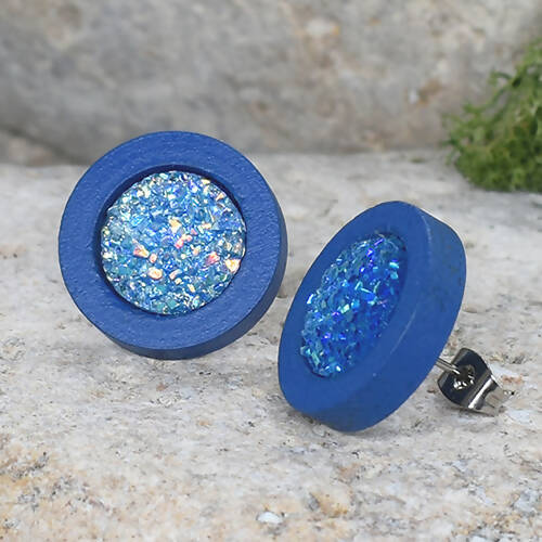 Wood Stud Earrings With Resin Druzy #52