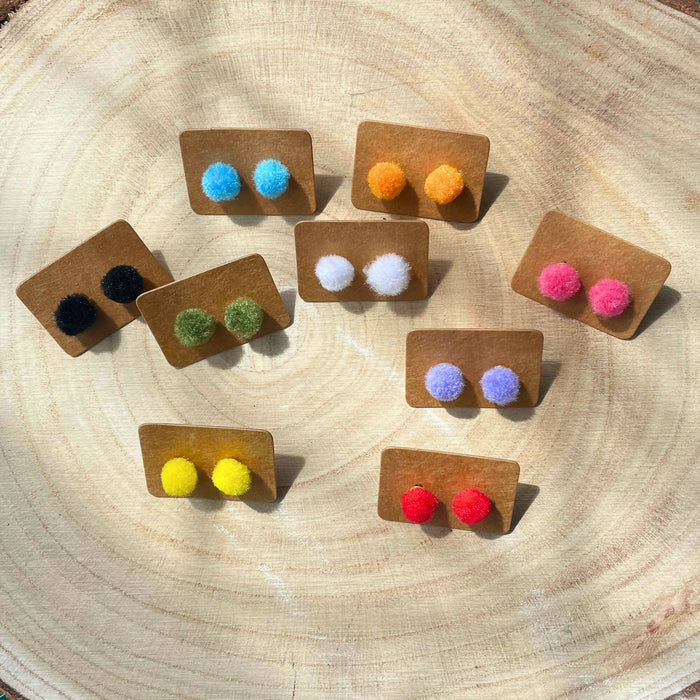 Mini Pom-poms Gold Stud Earrings | Fun Colourful Earrings | Gift for Her