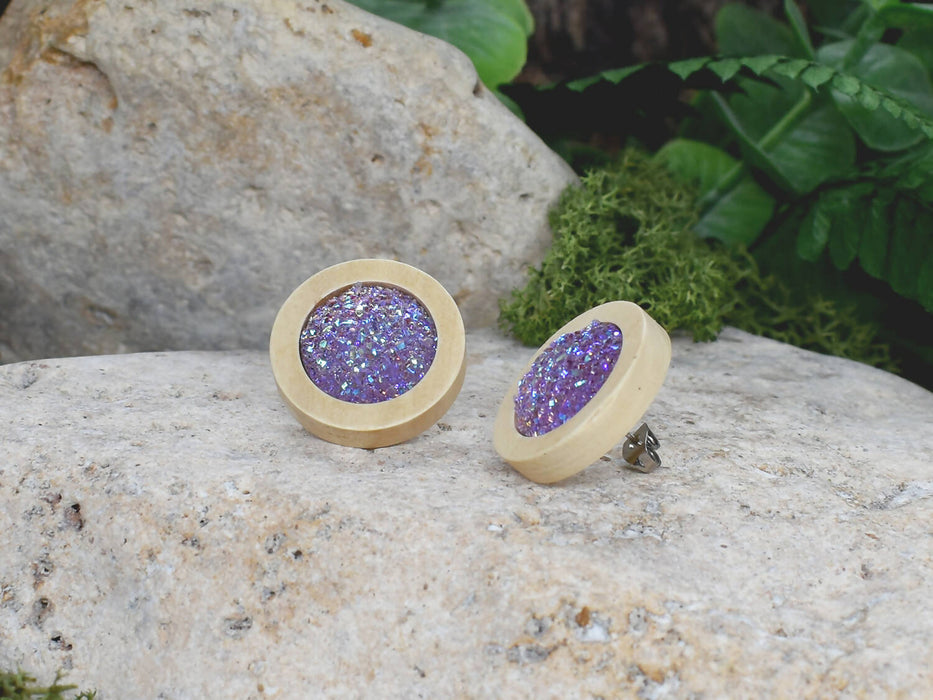 Wood Earrings With Resin Druzy #12