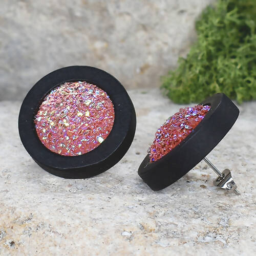Wood Earrings With Resin Druzy #21
