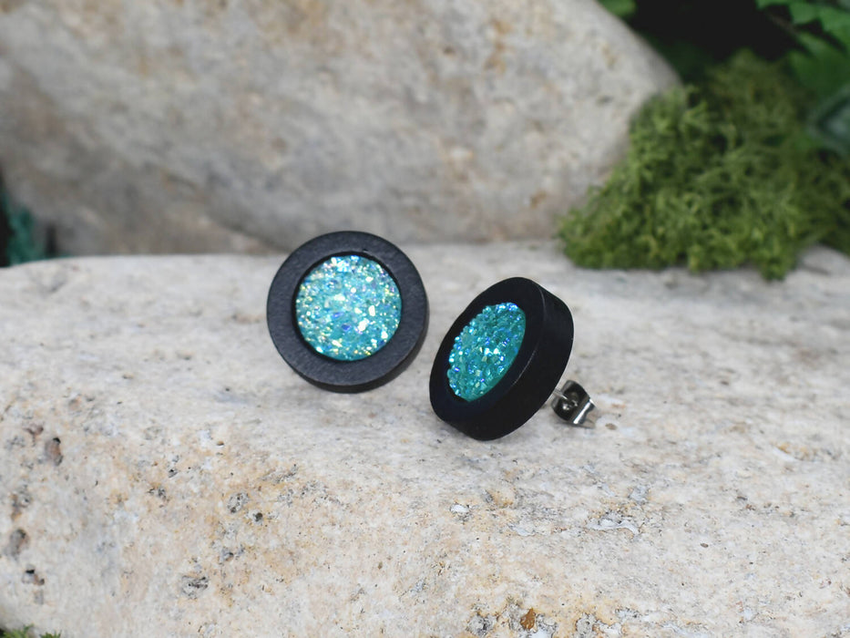 Wood Stud Earrings With Resin Cabochon #56