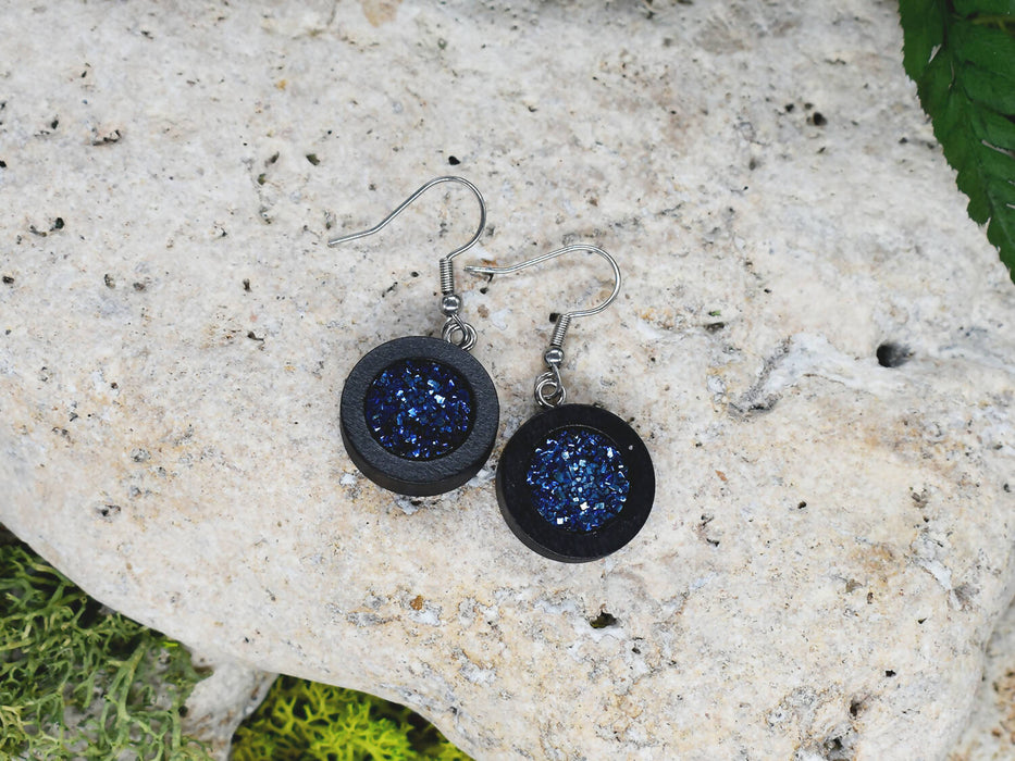 Wood Dangle Earrings With Resin Druzy #41