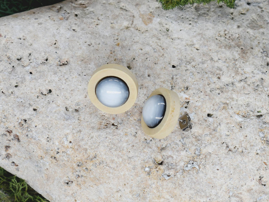 Wood Stud Earrings With Resin Cabochon #47