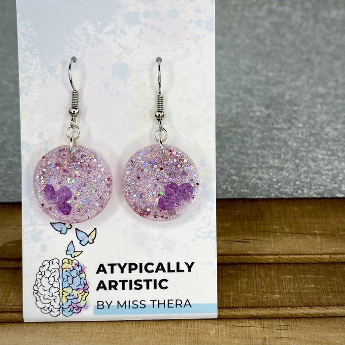 Purple Botanical Silver Sparkle Resin Earrings