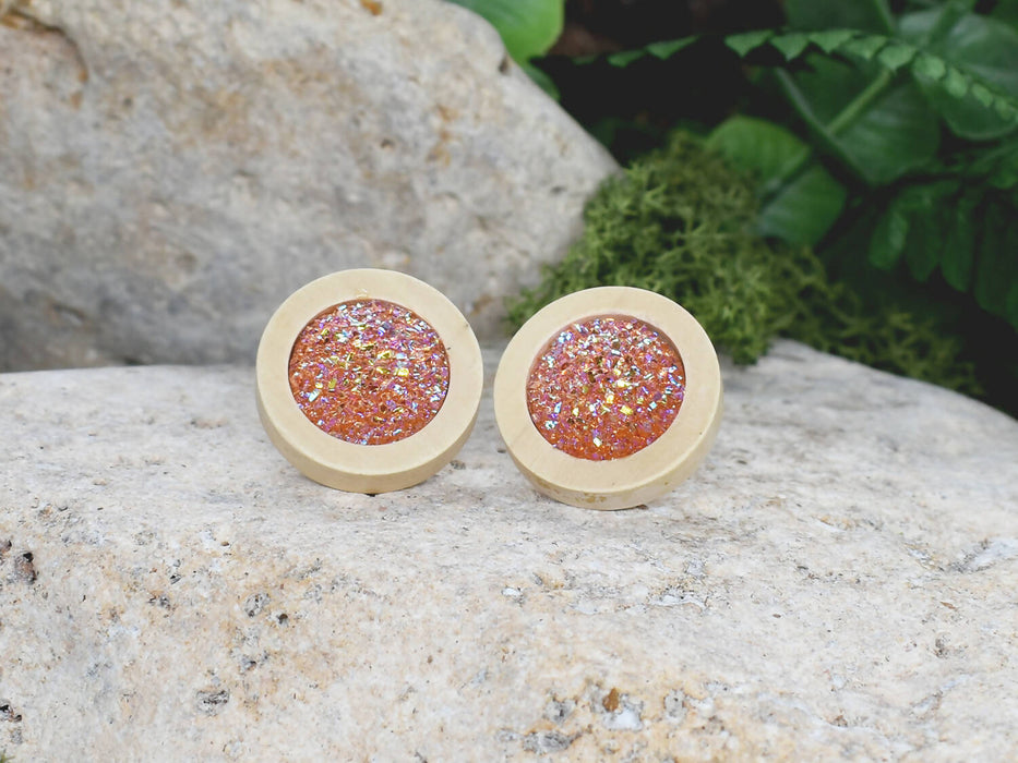 Wood Earrings With Resin Druzy #16