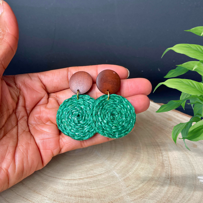 Handwoven Jute and Wood Drop Stud Earrings | Boho Statement Cord Earrings